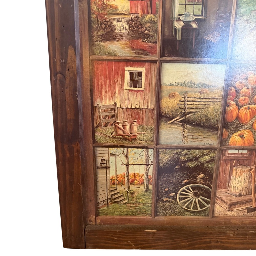 Vintage Homco B Mitchell Rustic Farmhouse 12 Panel Wood Framed Wall Art 24x24 - Picture 4 of 6